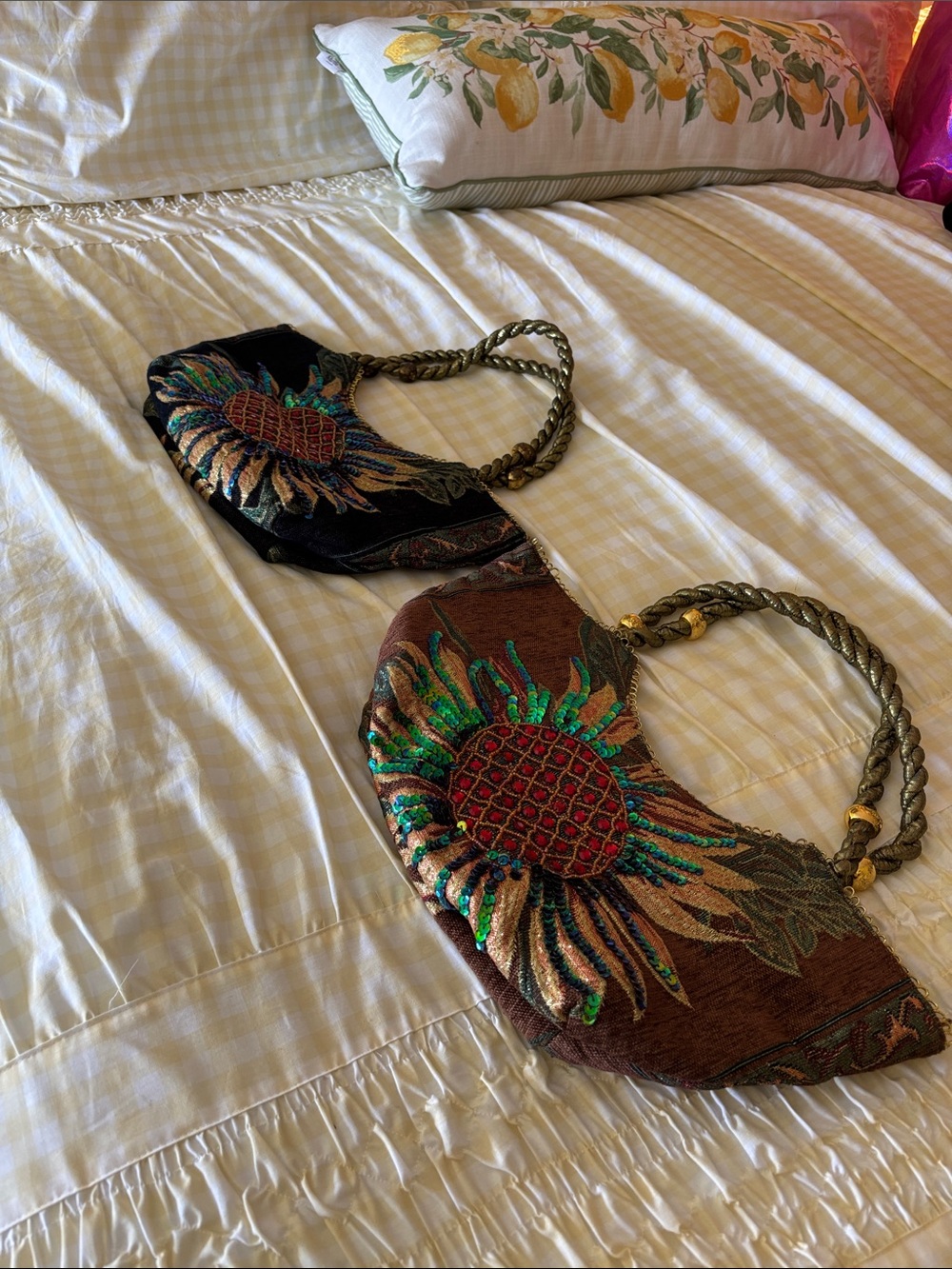 Source Unknown Embroidered Sunflower Shoulder Bag in Brown, Black, Green, Gold